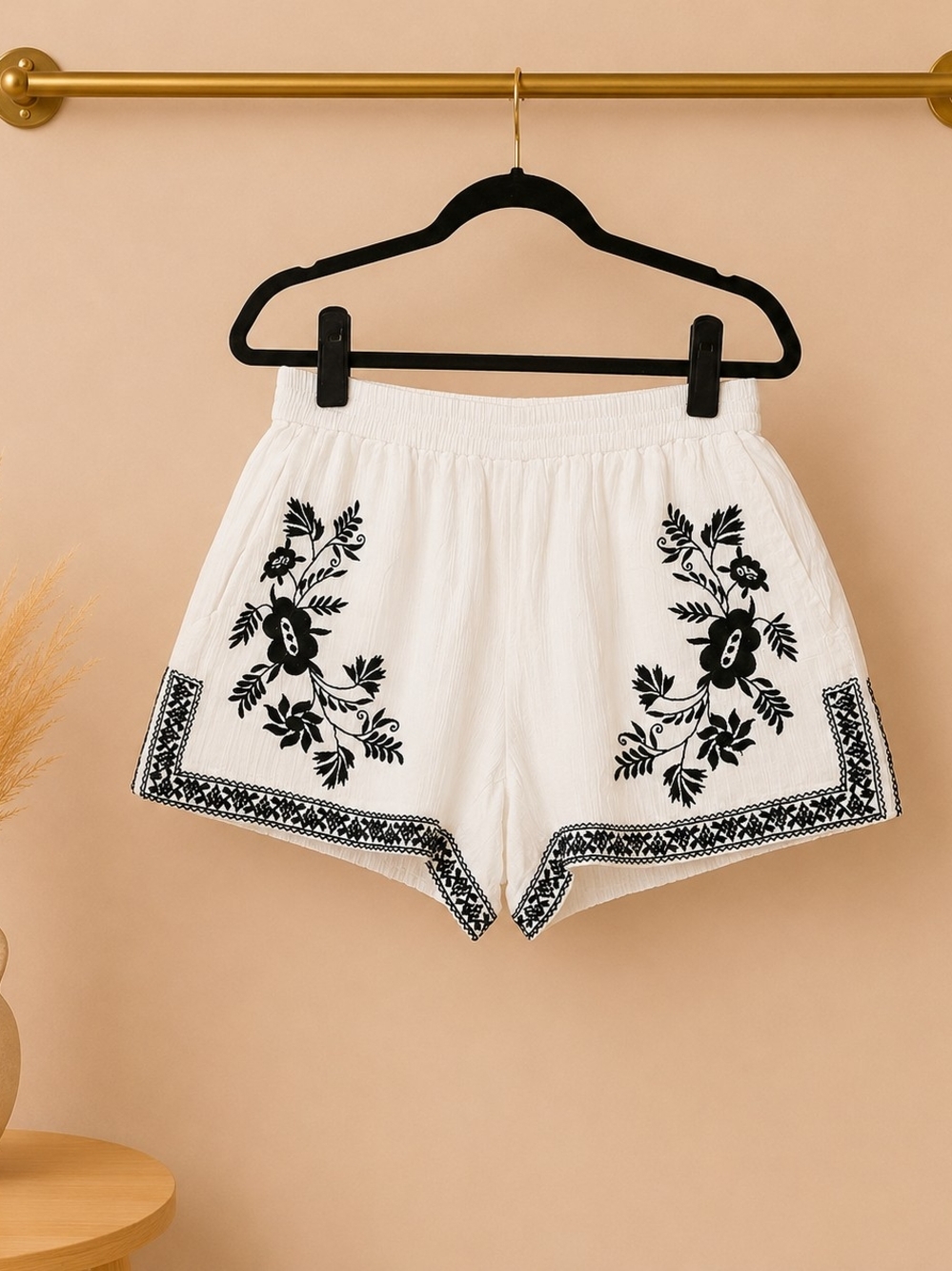 J. Crew White Shorts with Black Floral Embroidery